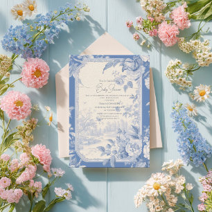 Antike französische Blumen-Toile Blau Baby-Party Einladung