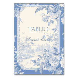 Antike französische Blumen-Toile-Blau-Platzkarte Tischnummer
