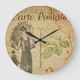 Antike französische Blumenpostkarte einer Modefrau Große Wanduhr