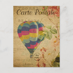 Antike französische Ephemera Heißluftballon Floral Postkarte