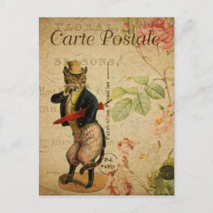 Antike französische Katze mit Monokel und Regensch Postkarte