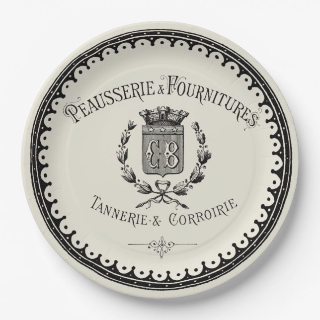 Antike französische Land-Beschriftung auf Beige Pappteller (Vorderseite)