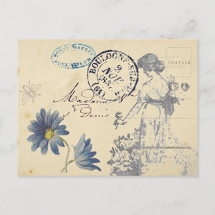 Antike französische Rosen-Lady-Biene-Blume-Postste Postkarte