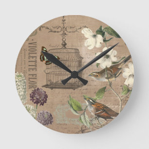 Antike französische Vögel und Gartenuhr Runde Wanduhr