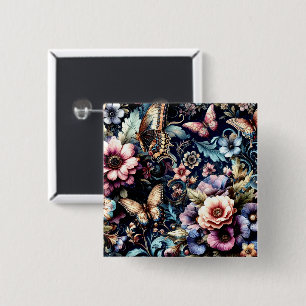 Antike Frühlingsblumen und Schmetterlinge Button