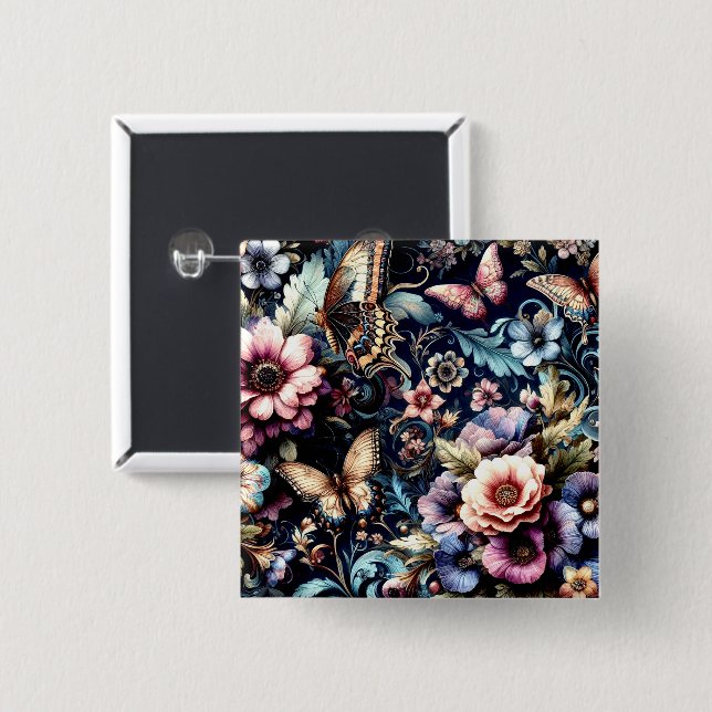 Antike Frühlingsblumen und Schmetterlinge Button (Vorne & Hinten)