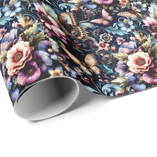 Antike Frühlingsblumen und Schmetterlinge Geschenkpapier (Rolleneckpunkt)