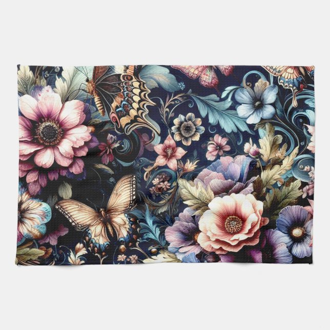 Antike Frühlingsblumen und Schmetterlinge Geschirrtuch (Horizontal)