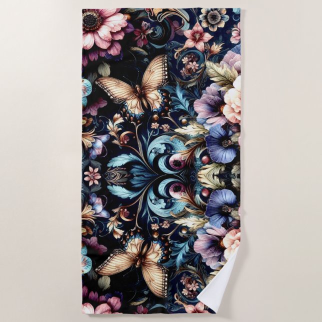 Antike Frühlingsblumen und Schmetterlinge Strandtuch (Vorderseite)