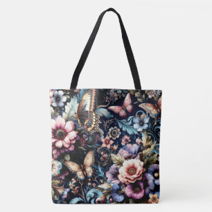 Antike Frühlingsblumen und Schmetterlinge Tasche