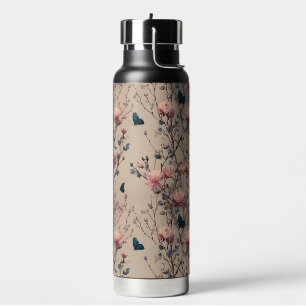 Antike Frühlingsrosen mit blauen Schmetterlingen Trinkflasche