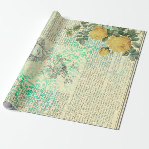 Antike gelbe Rose, Dame und Zeitungspapier Geschenkpapier