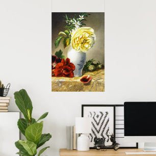 Antike gelbe Rose rote Stiefmütterchen Blumenvase Poster