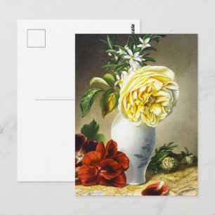 Antike gelbe Rose rote Stiefmütterchen Blumenvase Postkarte