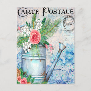 Antike Gießkanne voller Blumen Floral Französisch Postkarte
