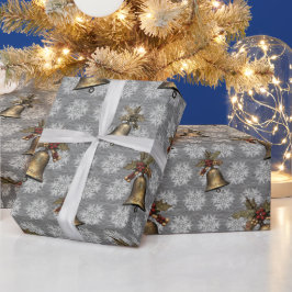 Antike Glocken und Schneeflocken auf Steel Grau Geschenkpapier