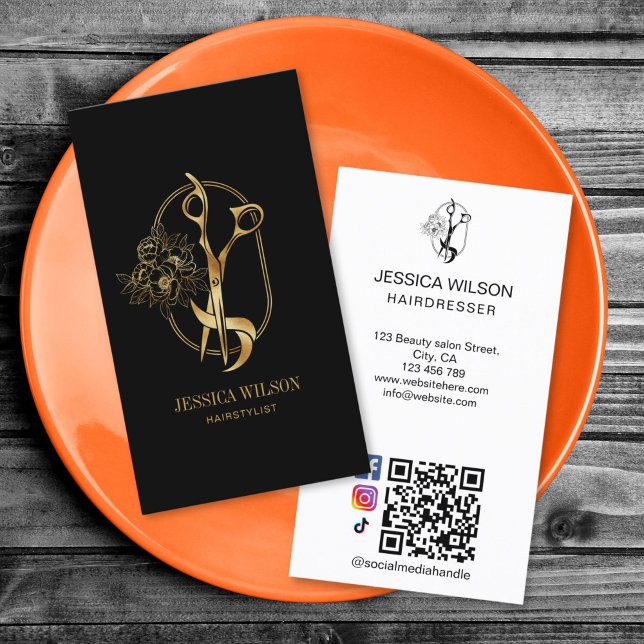 Antike Gold Friseurschere Blumen QR-Code B Visitenkarte (gold vintage floral hair scissors business cards)