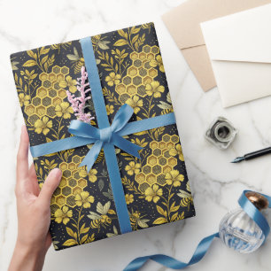 Antike goldene Blumen und Bienen Geschenkpapier