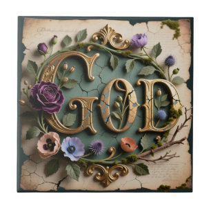 Antike goldene GOD-Schriftplakette mit Blumenmuste Fliese