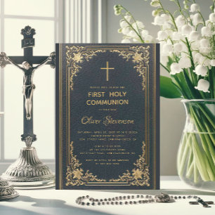 Antike goldene Kreuz-Jungen-Erstkommunion in Blau Einladung