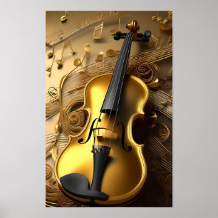 Antike Goldgeige auf goldenen Musikakkorden, Poster
