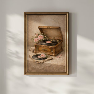 Antike Grammophon mit Rosen Poster