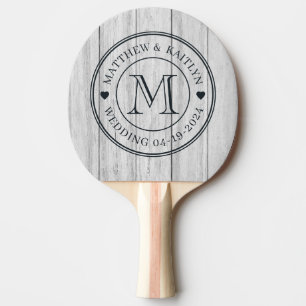 Antike graue Holzbretter Hochzeitsmonogramm Herz Tischtennis Schläger