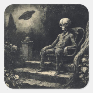 Antike Gravur eines alten Weltraum-Aliens und UFOs Quadratischer Aufkleber
