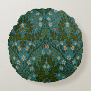 Antike Grün Blaue Herbstblumen von William Morris Rundes Kissen