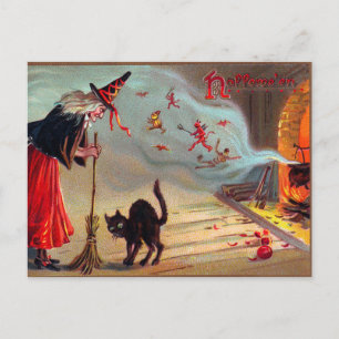 Antike Halloween Hexe schwarze Katzen Postkarte
