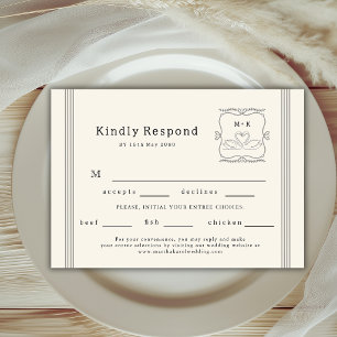 Antike handgezeichnete Schwanen-Monogramm-Speiseau RSVP Karte