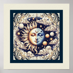 Antike Himmlische Halbsonne & Mond Blau Gelb Poster