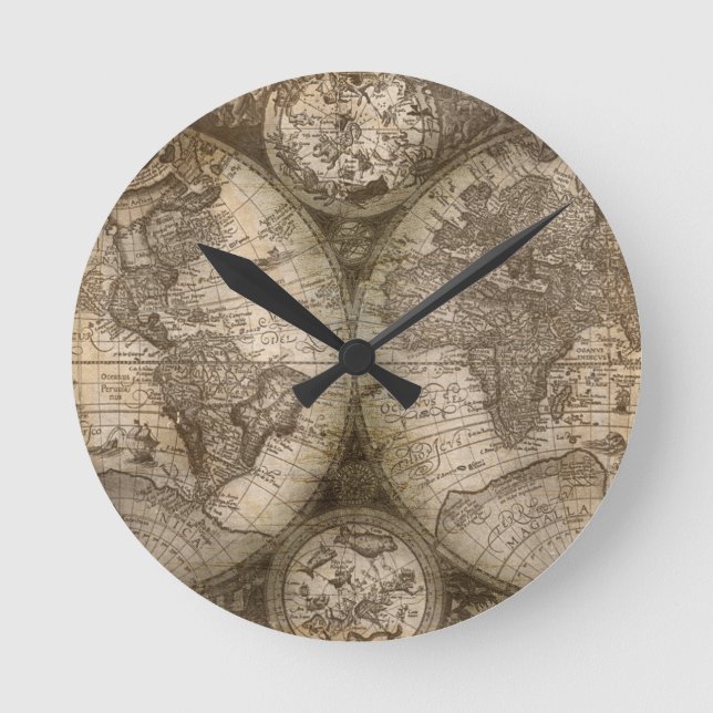 Antike historische Atlaskarte Kontinente Runde Wanduhr (Vorderseite)