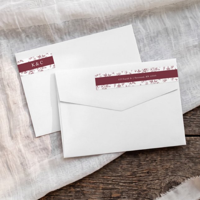 Antike Hochzeit-Etiketten mit burgunderroter Blume (Burgundy red wedding wrap around return address label with vintage French floral toile pattern)