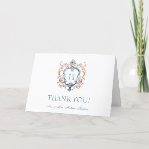 Antike Hochzeit mit monogrammierten Blumenwappen Dankeskarte