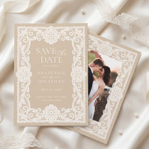 Antike Hochzeitsfoto mit Spitzenmuster Save The Date