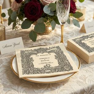 Antike Hochzeitspapier-Serviette Schloss Schwarz E Serviette