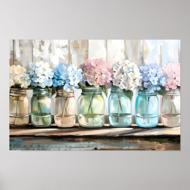 Antike Hydrangeen-Mason-Gläser Poster (Vorne)