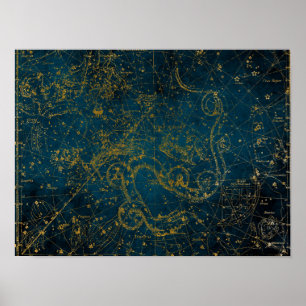 Antike illustrierte dunkelblaue und goldene Sternk Poster