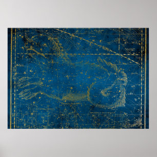 Antike illustrierte mittelblaue und goldene Sternk Poster