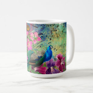Antike illustrierte Pfau- und Blumen-Grunge Kaffeetasse