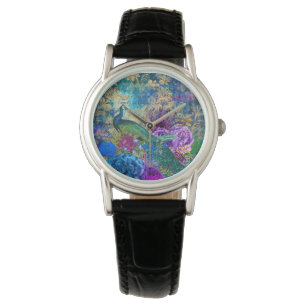 Antike illustrierte Pfau- und Blumengrunge-Uhr Armbanduhr