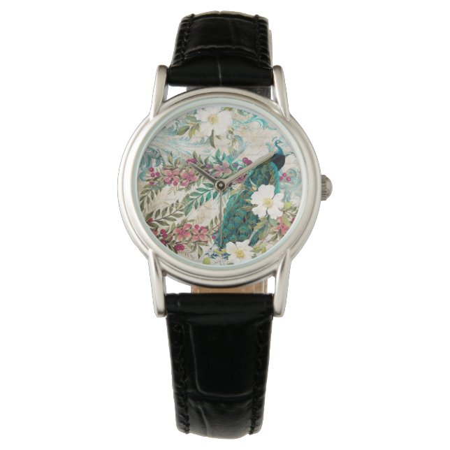 Antike Illustrierte Pfaue und Blume Armbanduhr (Vorderseite)
