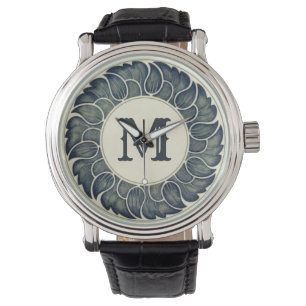 Antike japanische Blatt-Tinte-Kunst-Monogramm Armbanduhr