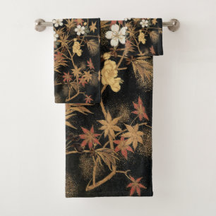 Antike japanische schwarze Gold-Herbst-Blumen-Kuns Badhandtuch Set