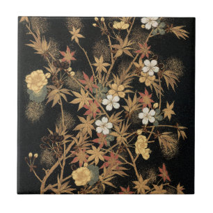 Antike japanische schwarze Gold-Herbst-Blumen-Kuns Fliese