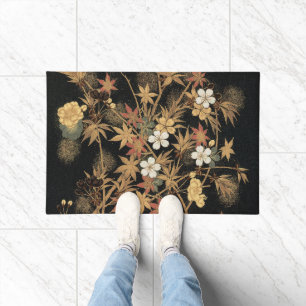 Antike japanische schwarze Gold-Herbst-Blumen-Kuns Fußmatte