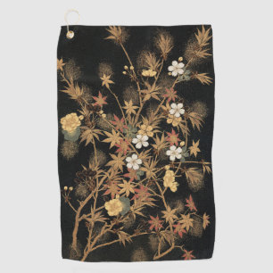 Antike japanische schwarze Gold-Herbst-Blumen-Kuns Golfhandtuch