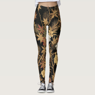 Antike japanische schwarze Gold-Herbst-Blumen-Kuns Leggings