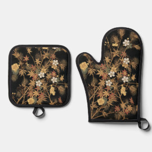 Antike japanische schwarze Gold-Herbst-Blumen-Kuns Ofenhandschuh & Topflappen-Set